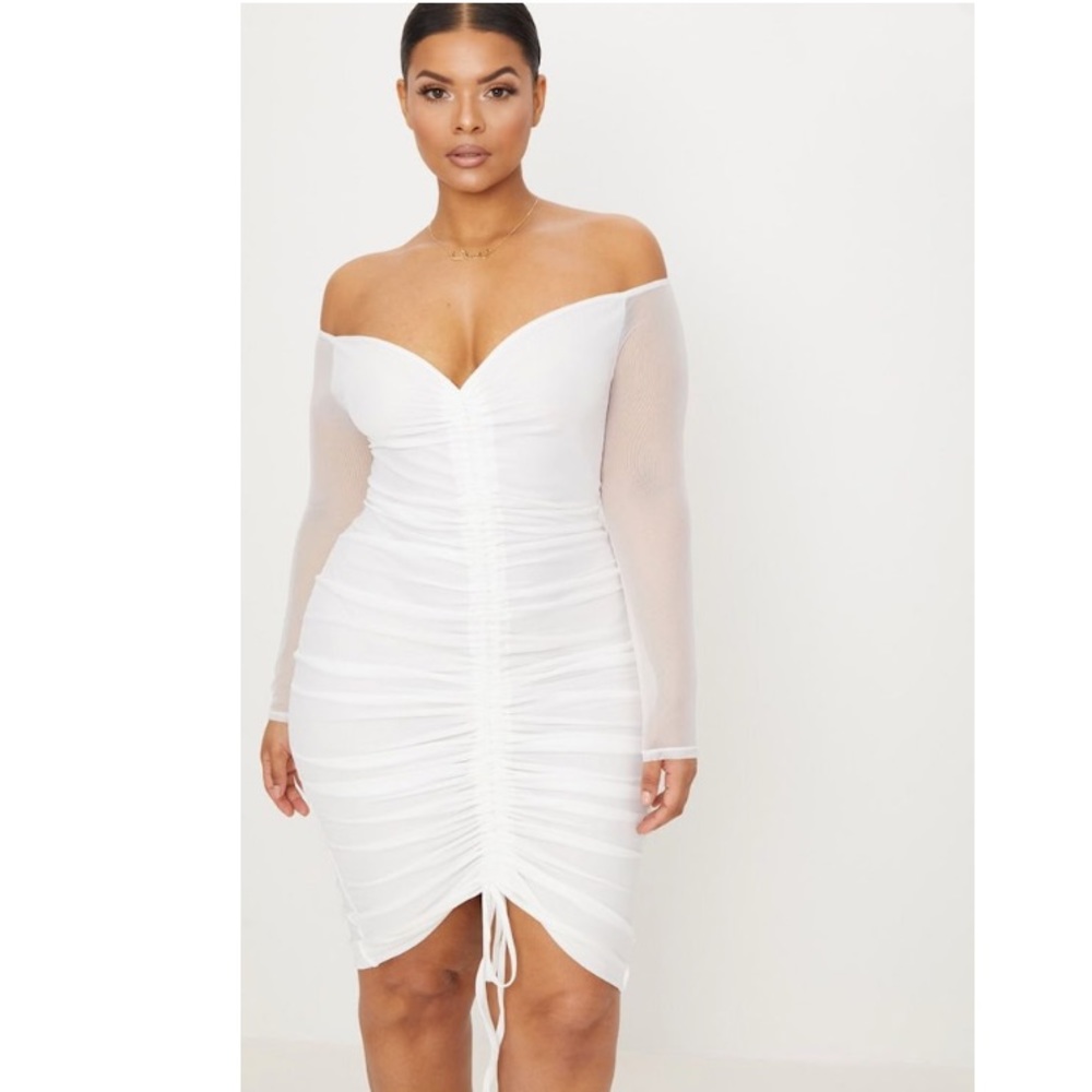 Plus White Mesh Ruched Bardot Midi Dress